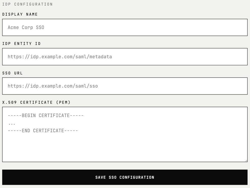 The IdP Configuration form in the console with fields for display name, IdP Entity ID, sign-on URL, and X.509 certificate, then a save button