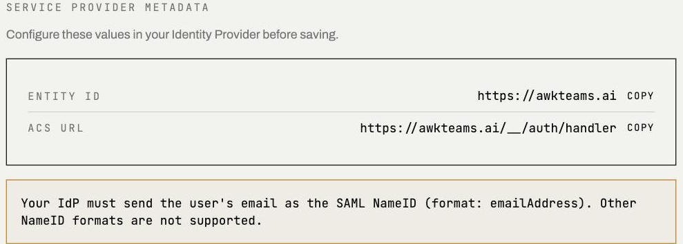 The SSO Configuration screen in the console showing the Service Provider metadata: the Entity ID and ACS URL to register in your identity provider