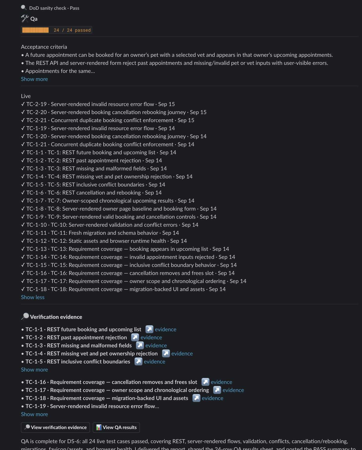 The tester awk's re-test summary in Slack: 24 of 24 test cases passed, listed, with links to the evidence.