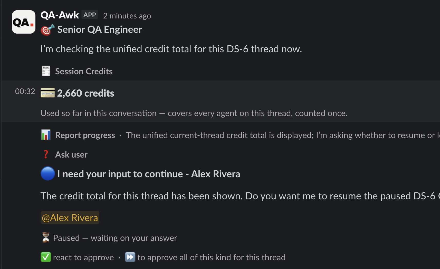 Slack thread showing session credit total for DS-6